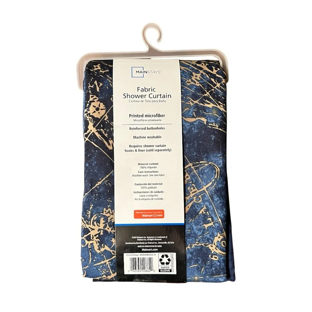 NWT Mainstays Celestial Fabric Shower Curtain Navy Gold Moon Stars 70x72